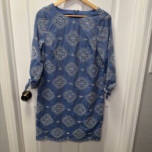 Talbots 3/4 Tie Sleeve Eyelet Chambray Shift Dress, Blue, 8P, Cotton, Knee